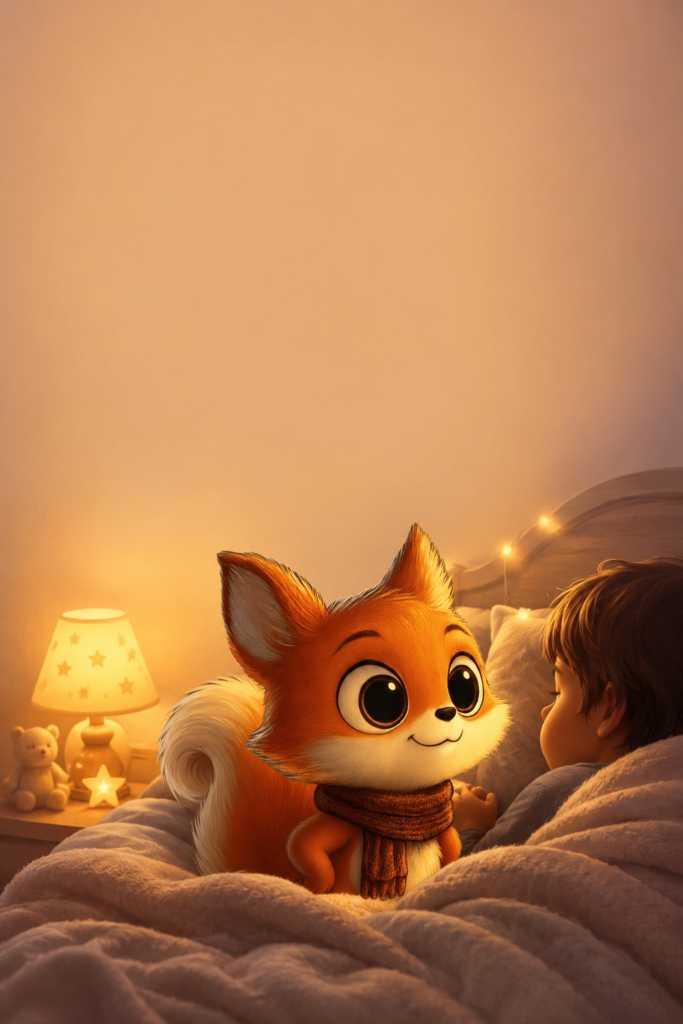 Rituel du coucher 4 ans : Toukki le renard blotti avec un enfant dans son lit douillet