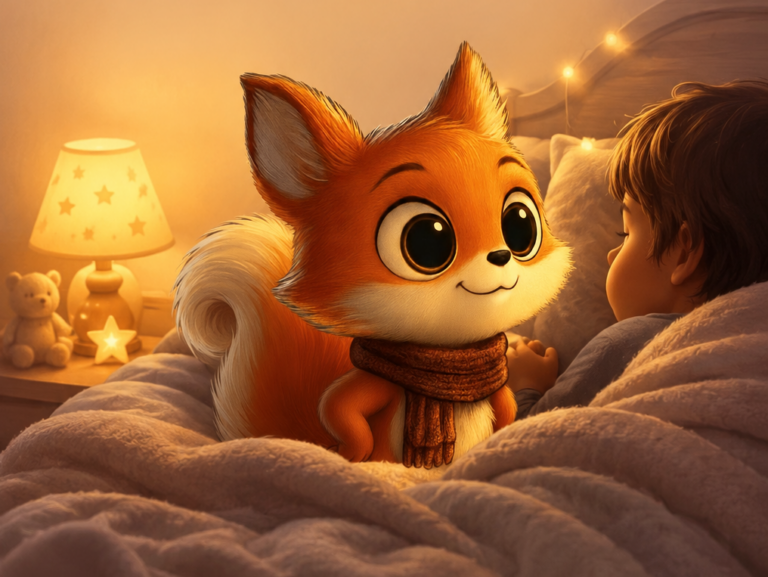 Rituel du coucher 4 ans : Toukki le renard blotti avec un enfant dans son lit douillet