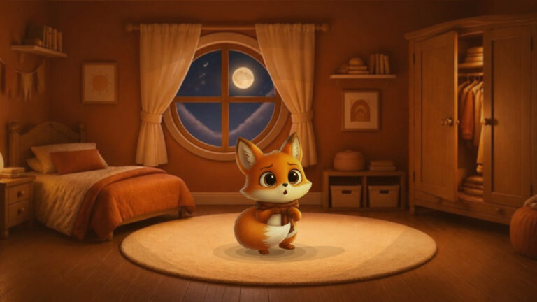 Peur des monstres la nuit : Toukki, petit écureuil roux inquiet, dans une chambre d'enfant éclairée par la lune