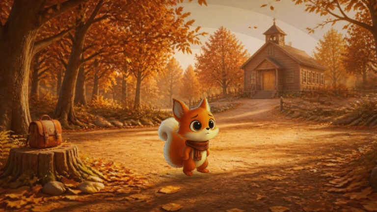 Rentrée après les vacances : Toukki, petit écureuil roux un peu triste, sur un chemin d'automne qui mène à l'école
