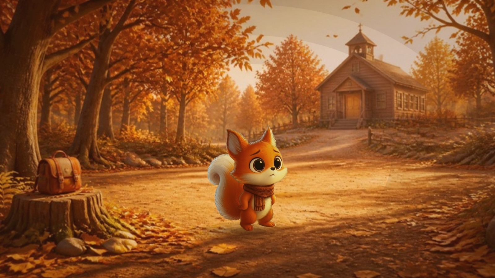 Rentrée après les vacances : Toukki, petit écureuil roux un peu triste, sur un chemin d'automne qui mène à l'école